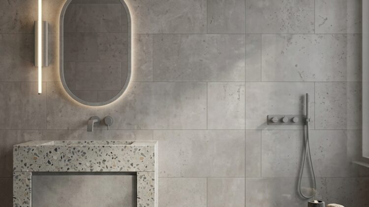 Discount spc wall tiles Grey stone effect discount spc wall tiles fitted in a modern bathroom